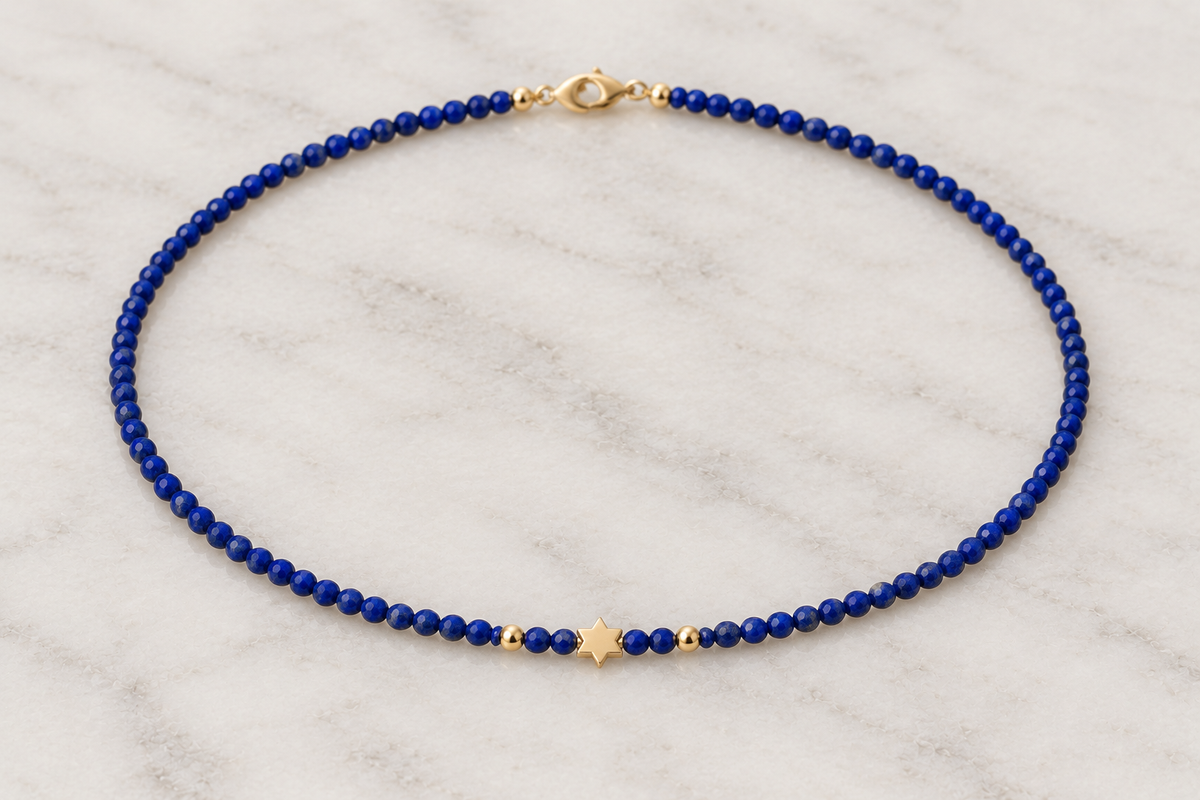 Lapis Bead Choker with Mini 14K Star of David Gold Bead