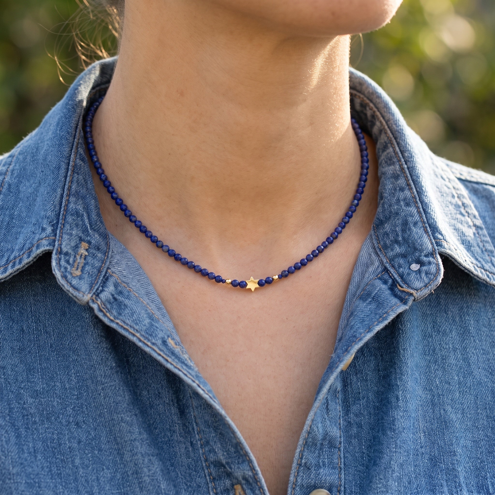 Lapis Bead Choker with Mini 14K Star of David Gold Bead